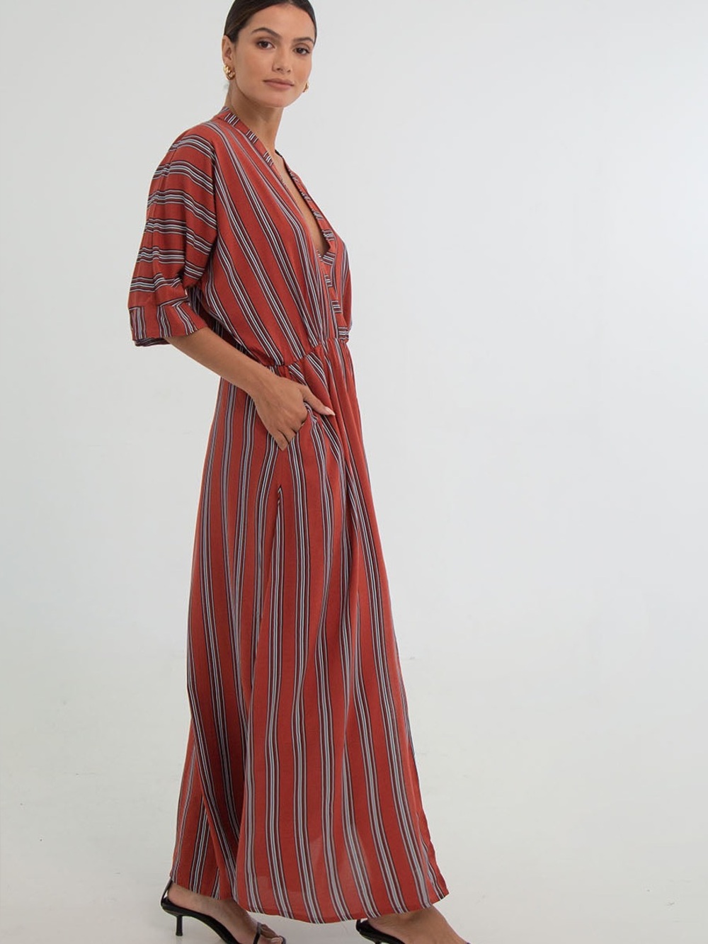 Uma and Leopold Red Striped V-Neck Anita Kaftan